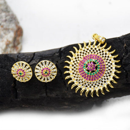 Premium Gold Plated Semiprecious Sun Pendant Set