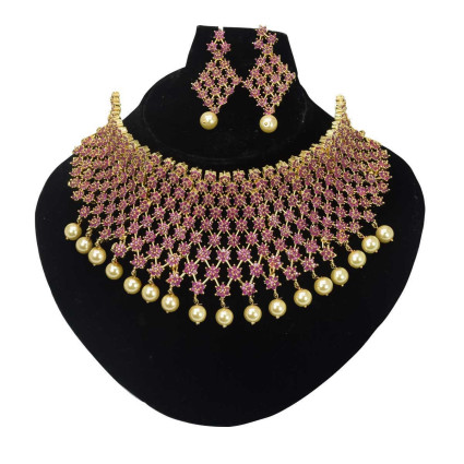 Premium Broad Bridal Floral Ruby Choker Set