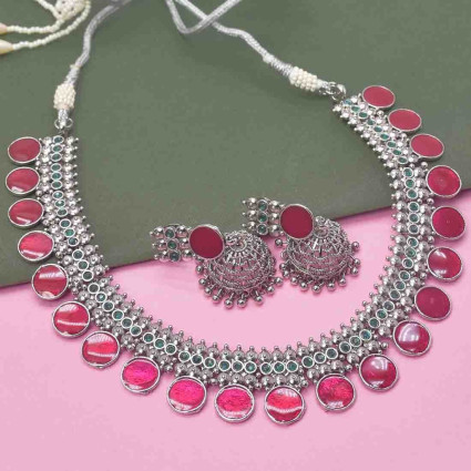 Oxidised German Silver Enamel Round Choker Set