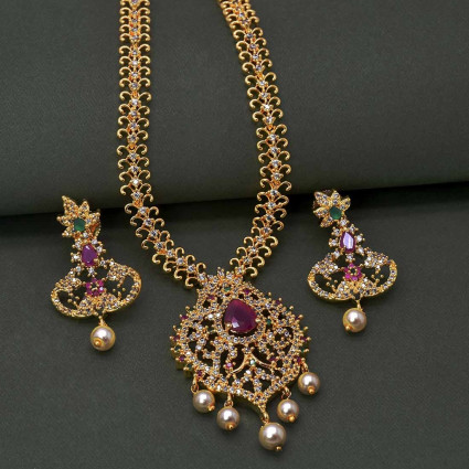 Delicate Premium Gold Plated CZ Ruby Emerald Necklace Set