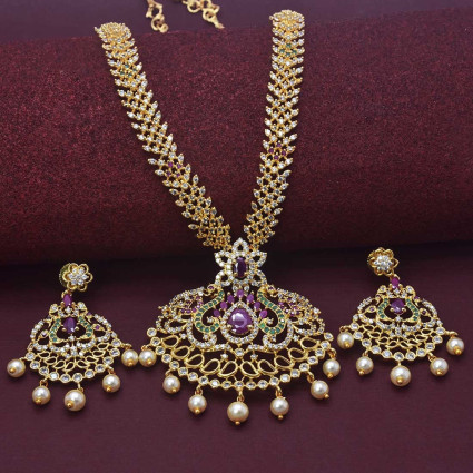 Dainty Premium Gold Plated CZ Ruby Emerald Necklace Set