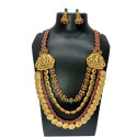Ethnic Tri-Layered Kemp Stones Lakshmi Kasu Long Necklace Set