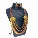 Ethnic Tri-Layered Kemp Stones Lakshmi Kasu Long Necklace Set