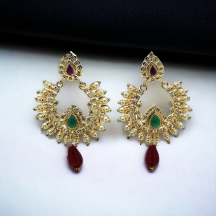 Fashionable Ruby and AD Stone Pearl Hanging Earrings