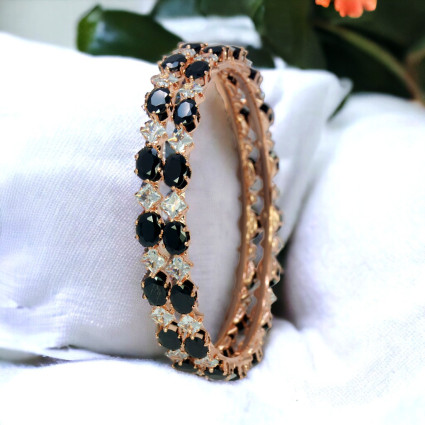 Adorable Oval Blue Sapphire CZ Stone Rose Gold Plated Bangles