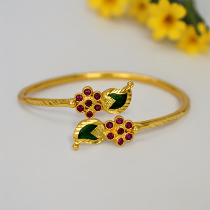 Gold Plated Floral Ruby Stones Open Mango Bangle