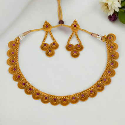 Trendy Designer Ruby Emerald Matte Necklace Set