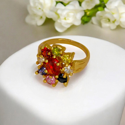 Classic Gold Plated Floral Navratna Model Ladies Finger Ring