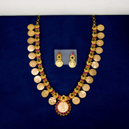 Contemporary Gold-plated Stone Lakshmi Kasu Necklace Set