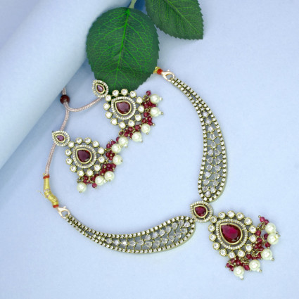 Stunning Wine Red Stone American Diamond Necklace Set