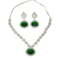 Glorious Silver Tone American Diamond Emerald Necklace Set