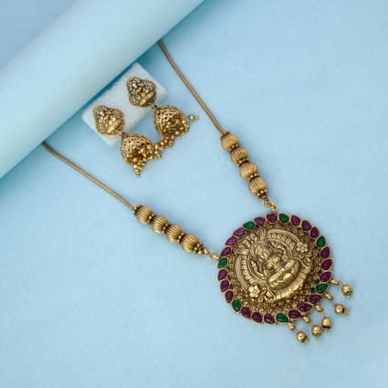 Antique Gold Plated Kemp Stones Lakshmi Pendant Necklace Set