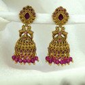 Small Antique Gold Plated Twin Peacock Stone Jhumkas