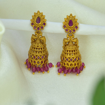 Small Antique Gold Plated Twin Peacock Stone Jhumka Earrings