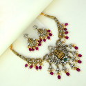 Antique Finish Lakshmi CZ Stone Pendant Necklace Set