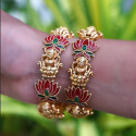Elegant Matte Gold Plated Lakshmi Lotus Enamel Bangle