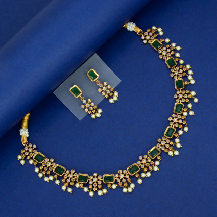 Antique Gold Plated Emerald Floral CZ Necklace Set