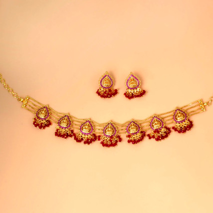 Divine Gold Plated Ruby Lakshmi Crystal Choker Set