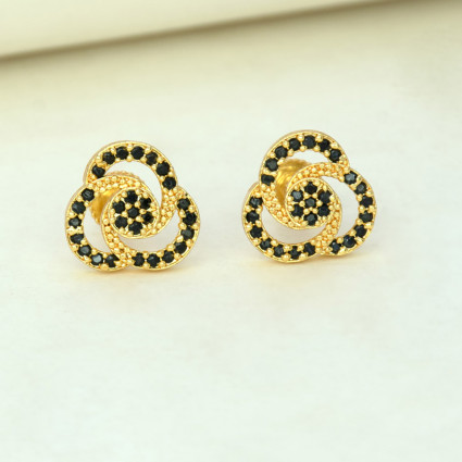 Gold Plated Black CZ Floral Swirl Stud Earrings 
