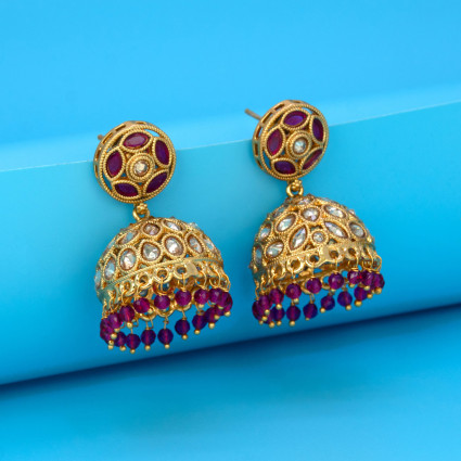 Stylish Kundan Stone Antique Gold Plated Jhumka Earrings