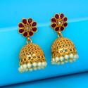 Antique Matte Floral Stone Jhumka with Pearl Danglers