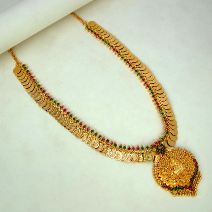 Gold Plated Ruby Emerald Lakshmi Kasu Haram With Pendant