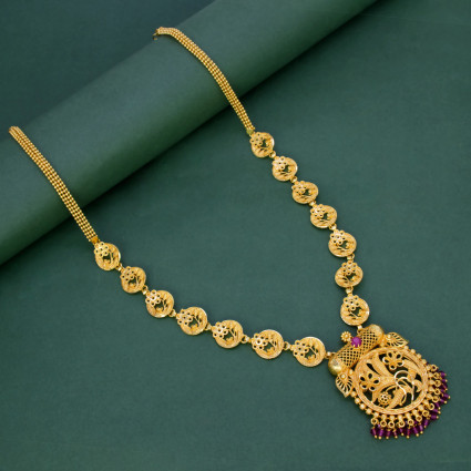 Gold Plated Floral Stone Beaded Pendant Long Chain