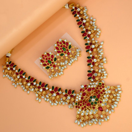 Antique Gold Plated Multi-Colour Kemp Lotus Necklace Set