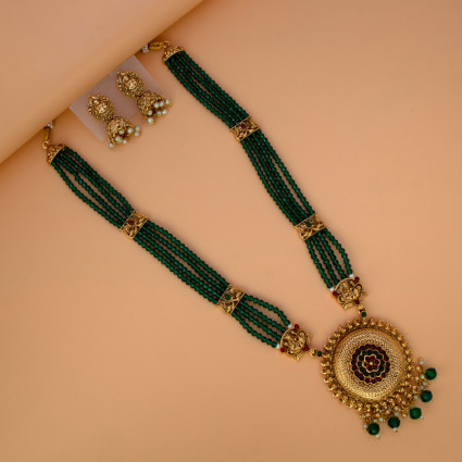 Ethnic Matte Gold Lakshmi Green Beads Long Chain Set