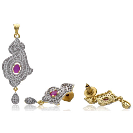 Beautiful Premium Gold plated Ruby and American Diamond Designer Pendant Set